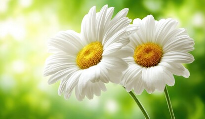 Close up of two daisy flowers with white petals and yellow centers against green background