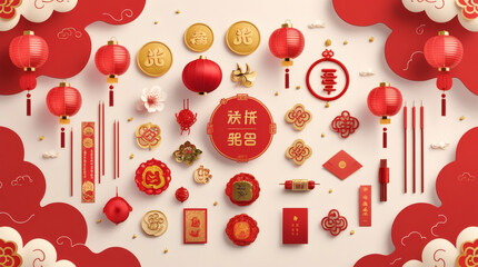 Traditional Chinese New Year decorations and festive elements in red and gold, symbolizing good fortune and celebration