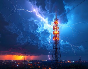 Lightning strikes around a towering communications antenna