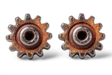 Close up of two rusty metal gears isolated on a white background