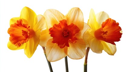 Close up of vibrant yellow and orange daffodil flowers against white background