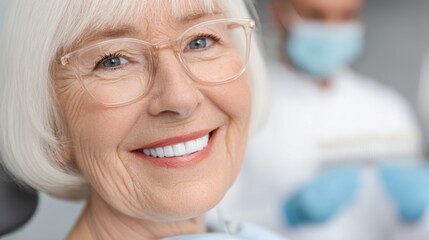 An older woman with white hair is smiling while sitting in a dental chair. A dental professional in a mask and gloves stands in the background preparing for a procedure.