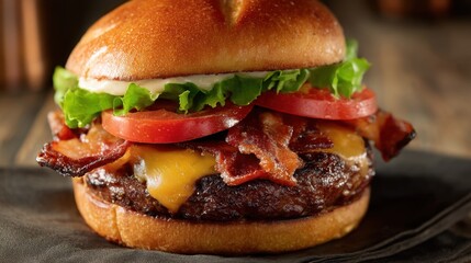 A bacon cheeseburger sits on a dark plate. The burger has melted cheese crisp bacon fresh lettuce and tomato slices. It is served in a casual dining area during lunch.