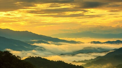 quiet mountain morning with sea of clouds and golden sky, peaceful mood, no people 