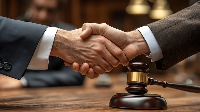 Handshake agreement in the courtroom with gavel with legal law concept.