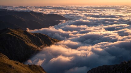 quiet mountain morning with sea of clouds and golden sky, peaceful mood, no people