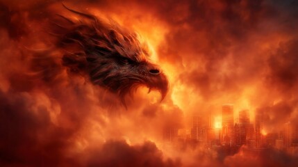 A dramatic scene of a fiery sky with a massive eagle's head looming over a city, blending elements of fantasy and urban landscape.