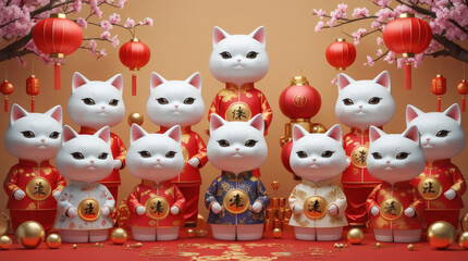 Whimsical Collection of Adorable Cartoon Cats Dressed in Festive Traditional Chinese New Year Attire, Featuring Lucky Charms and Decorative Lanterns