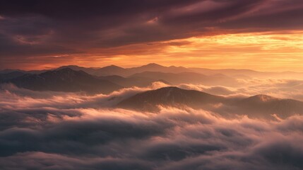 quiet mountain morning with sea of clouds and golden sky, peaceful mood, no people