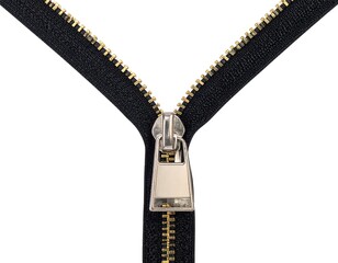 Close-up of a black zipper with gold teeth and a silver pull tab on a white backdrop, appearing as a 'Y' shape