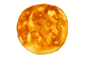 Round bread cake made of butter dough on a white background. Homemade bread cake close-up