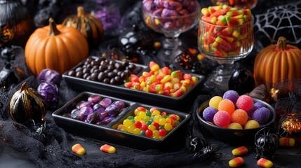 Dark-style Halloween candy display, colorful candies in black trays, pumpkin-shaped candies, spider web decorations, dark background with warm light