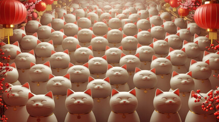 Obraz premium A vast assembly of charming fortune cats, adorned with golden collars, standing amidst vibrant red lanterns and auspicious floral accents, symbolizing prosperity and good luck in a festive celebration