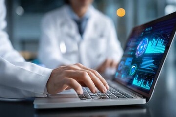 Medical Professionals at Work: A close-up view of hands typing on a laptop, depicting medical experts analyzing sophisticated data to advance healthcare in a modern environment.