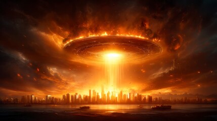 Fototapeta premium A dramatic scene of an alien spaceship hovering over a city, emitting a fiery beam against a stormy sky, creating a sense of urgency and wonder.