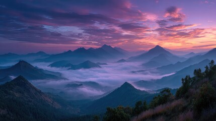 serene mountain panorama with sea of fog at dawn 