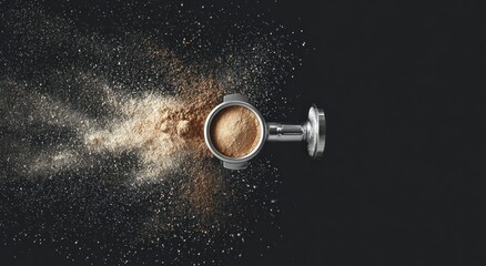 Coffee filter with coffee powder explosion against a dark background