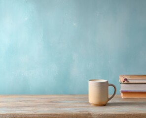 Coffee mug on wooden table with books against a blue textured wall