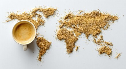 Coffee cup beside world map made of brown powder on white surface