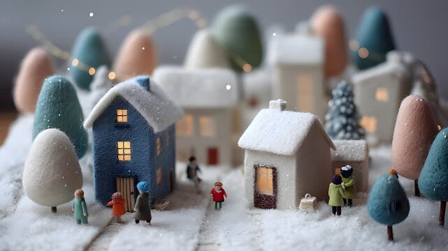 Miniature snowy village with colorful houses and pine trees