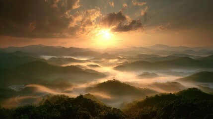 sunrise above misty mountains, soft clouds and warm tones, no people 