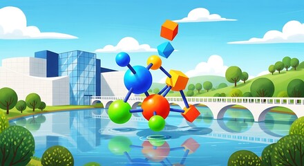 Molecule model over city park landscape.
