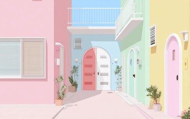 Colorful alleyway illustration with pastel buildings and vibrant design elements