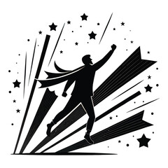 Man in cape flying through starry night sky with speed lines