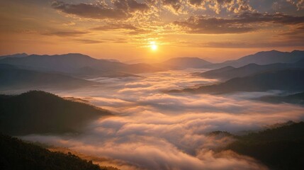 sunrise above misty mountains, soft clouds and warm tones, no people 