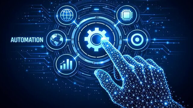 Ai agent generative, rpa transformation robotic process automation, big data, business automation, technology innovation, futuristic digital hand touching gear interface glowing network icons