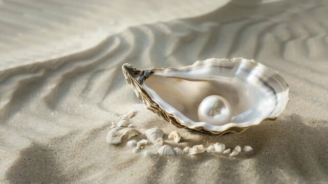 Oyster shell with pearl on sandy beach and seashells