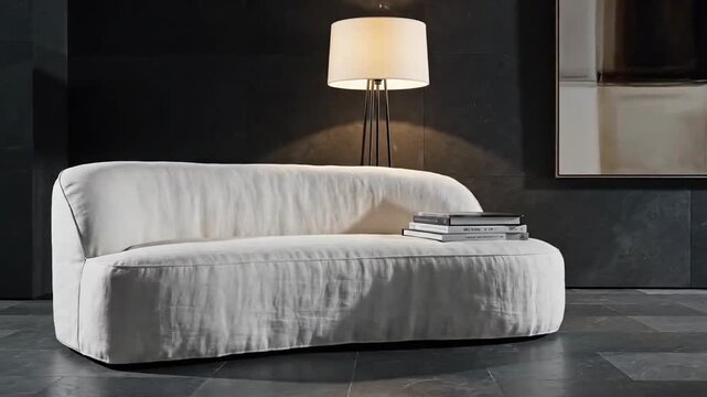 Elegant Interior: Contemporary Sofa, Modern Lamp, And Decorative Art Composition