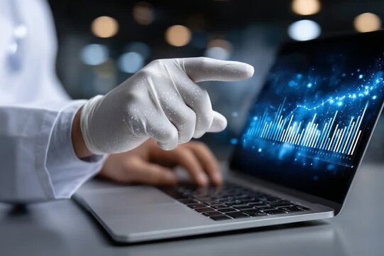 Medical Data Analysis: A doctor, wearing a protective glove, analyzes a laptop screen displaying intricate data visualizations, indicative of cutting-edge research, progress.