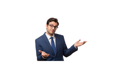 Young businessman shrugging gesture confusion