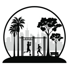 Black and white vector illustration of people exercising outdoors
