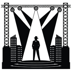 Black and white vector illustration of a man on a stage
