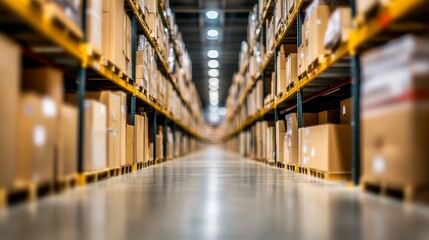 Efficient warehouse storage solutions long rows of stacked boxes in industrial facility.
