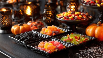 Dark-style Halloween candy display, colorful candies in black trays, pumpkin-shaped candies, spider web decorations, dark background with warm light