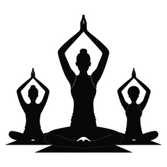 Black and white vector yoga illustration with five silhouettes