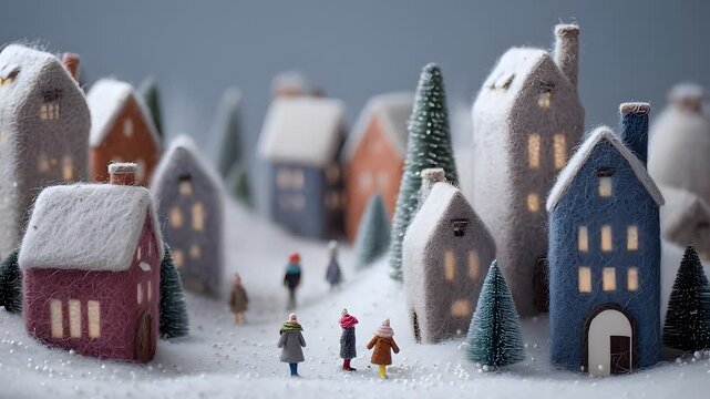 Miniature snowy village scene with lit houses and tiny figures
