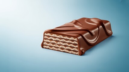 Delicious chocolate wafer bar with visible crispy layers on a light blue background