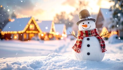 A charming snowman with a top hat and scarf stands in a snowy scene with lit houses in the background. Snowflakes fall gracefully