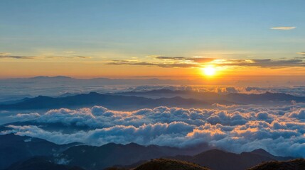 sunrise through clouds over mountain peaks, calm nature scene, no people 