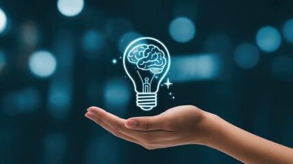 Hand holding a glowing lightbulb with a brain inside, symbolizing ideas, innovation, and artificial intelligence