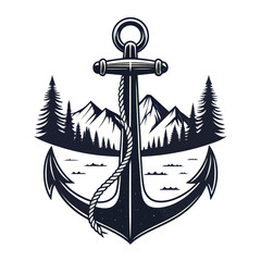 Ultra clean black and white 2d vector silhouette anchor with rope