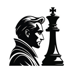 Man looking at large chess pieces in black and white vector