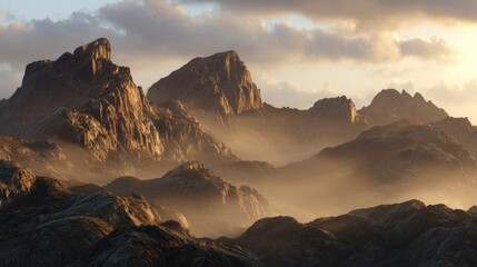 sunrise through clouds over mountain peaks, calm nature scene, no people 