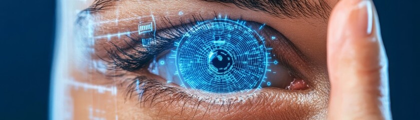 Mesmerizing futuristic human eye displaying intricate digital iris pattern advanced cybernetic vision technology.