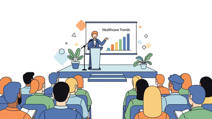 Business presentation on healthcare trends with diverse audience in vector style