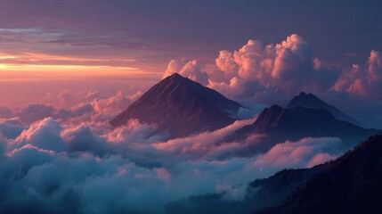 sunrise touching mountain peaks above clouds, peaceful nature scene 